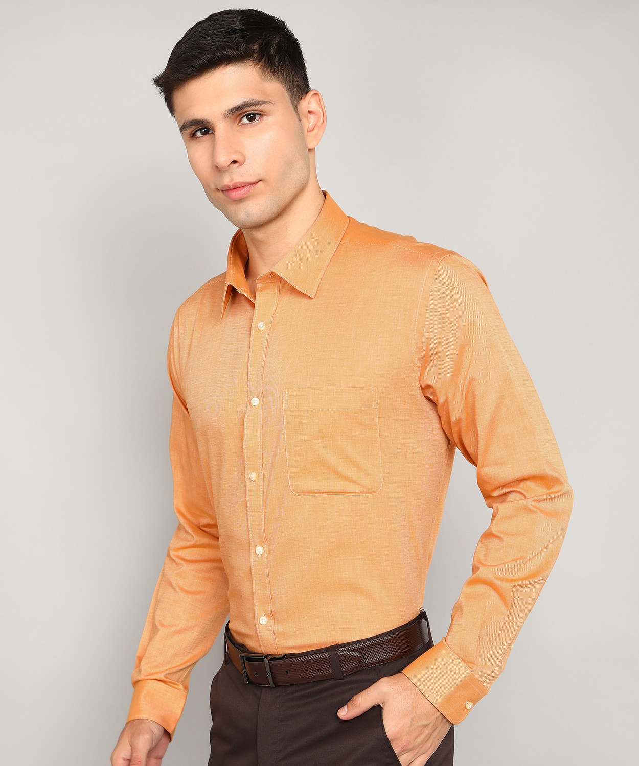 Image of Raymond Men Self Design Formal Yellow Shirt