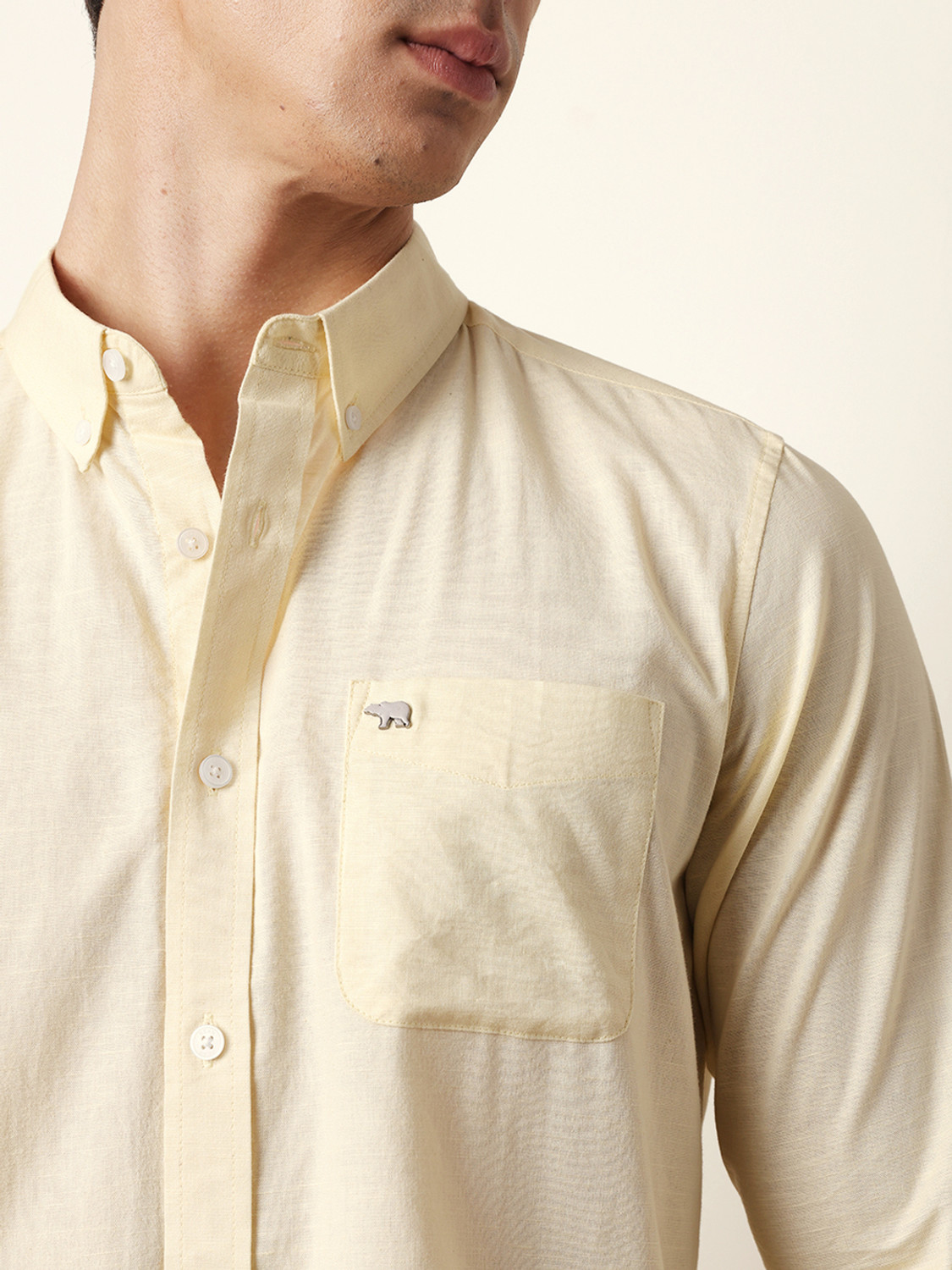 Image of THE BEAR HOUSE Men Solid Casual Yellow Shirt