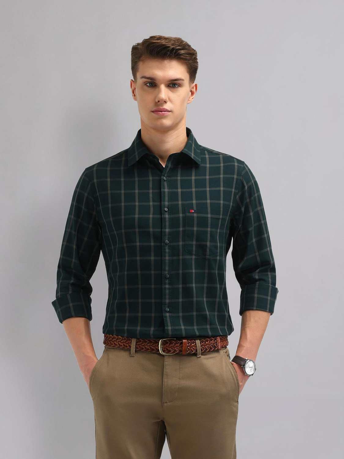 Image of AD by Arvind Men Checkered Casual Green Shirt