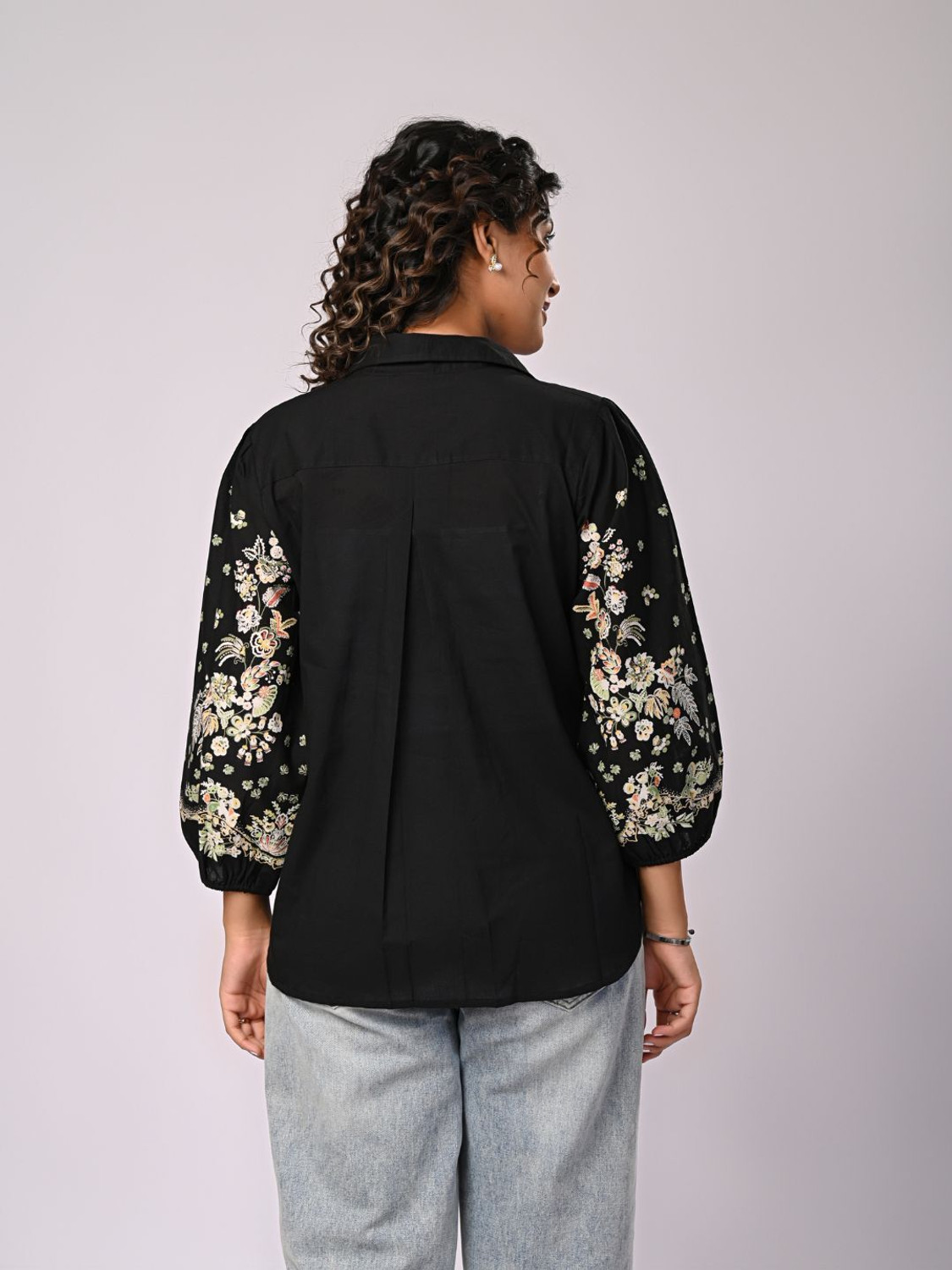 Image of Zolo Label Women Solid, Floral Print, Embroidered Casual Black Shirt