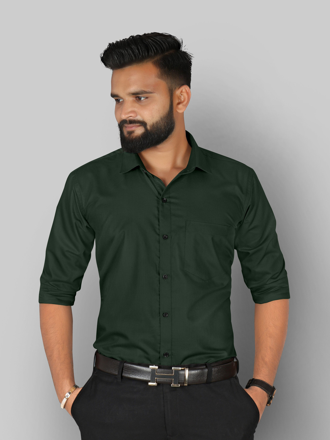 Image of FIBERMILL Men Solid Formal Dark Green Shirt