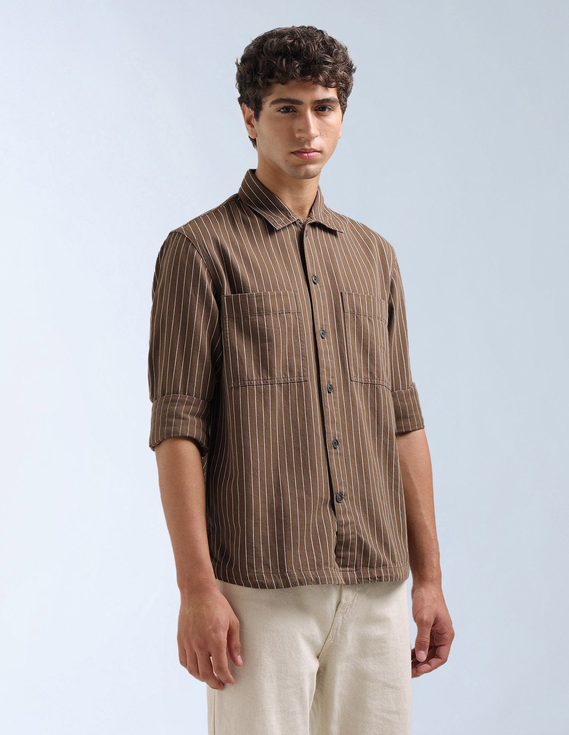 Image of FLYING MACHINE Men Striped Casual Brown Shirt
