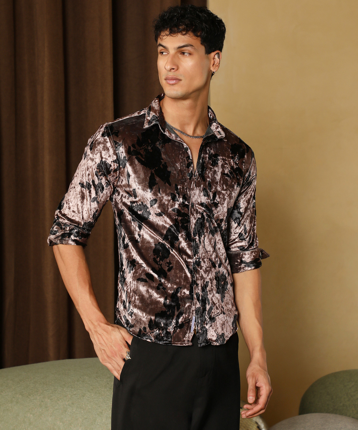 Image of CAHOOT Men Floral Print Casual Brown Shirt