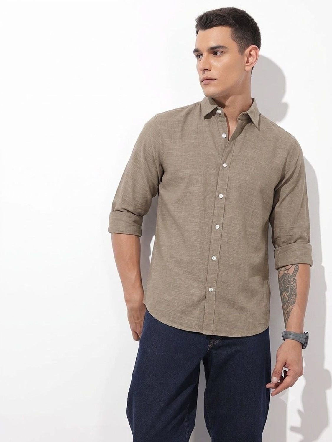 Image of METRONAUT Men Solid Casual Beige Shirt