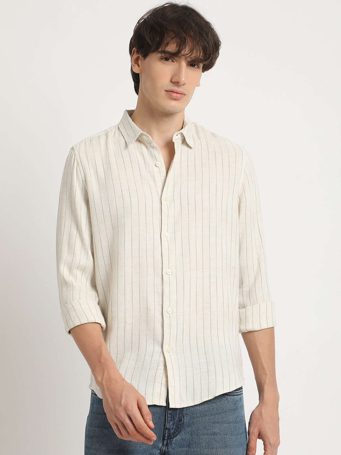 Image of THE BEAR HOUSE Men Striped Casual Beige Shirt