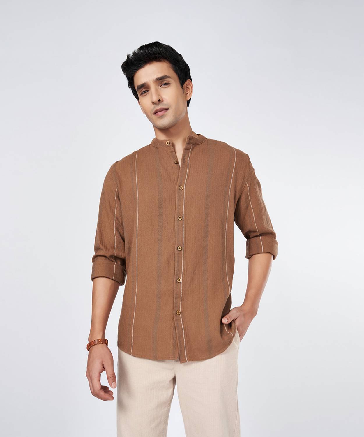 7 Alt by Pantaloons Men Solid Casual Brown Shirt