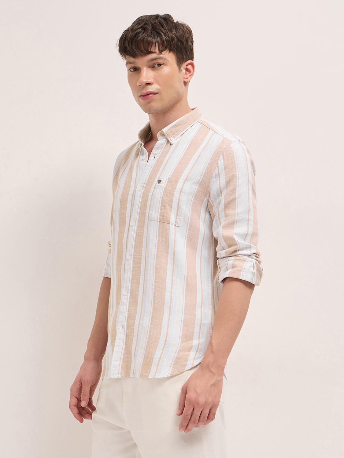 Image of THE BEAR HOUSE Men Striped Casual Beige Shirt