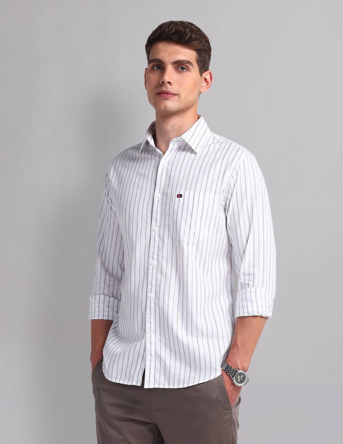 AD by Arvind Men Striped Casual Grey Shirt