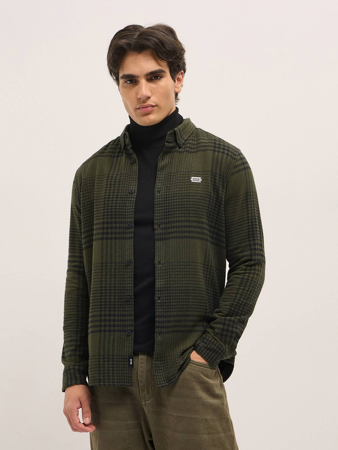 THE BEAR HOUSE Men Striped Casual Dark Green Shirt