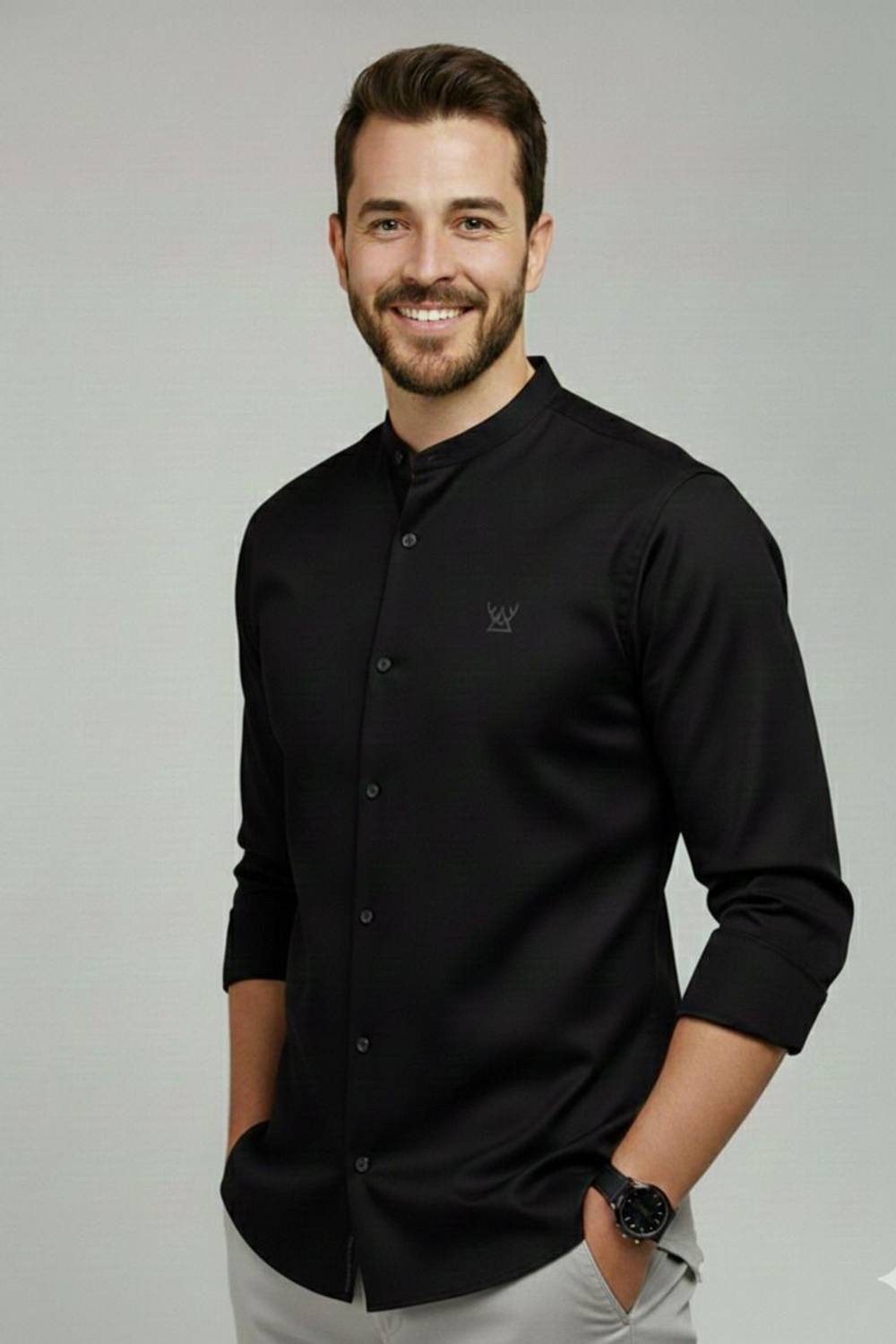 garry richard Men Regular Fit Solid Mandarin Collar Casual Shirt