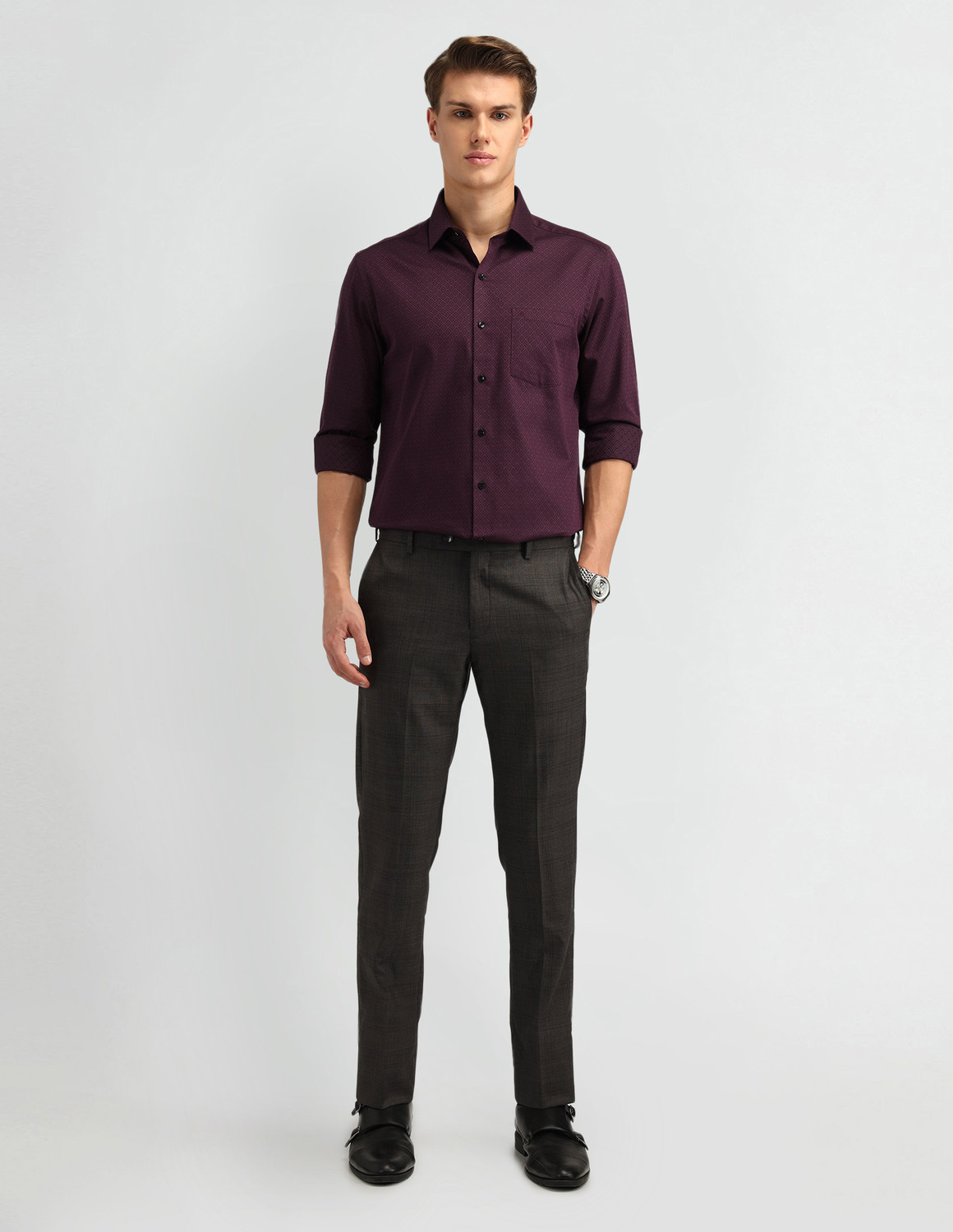 Image of ARROW Men Self Design Formal Maroon Shirt