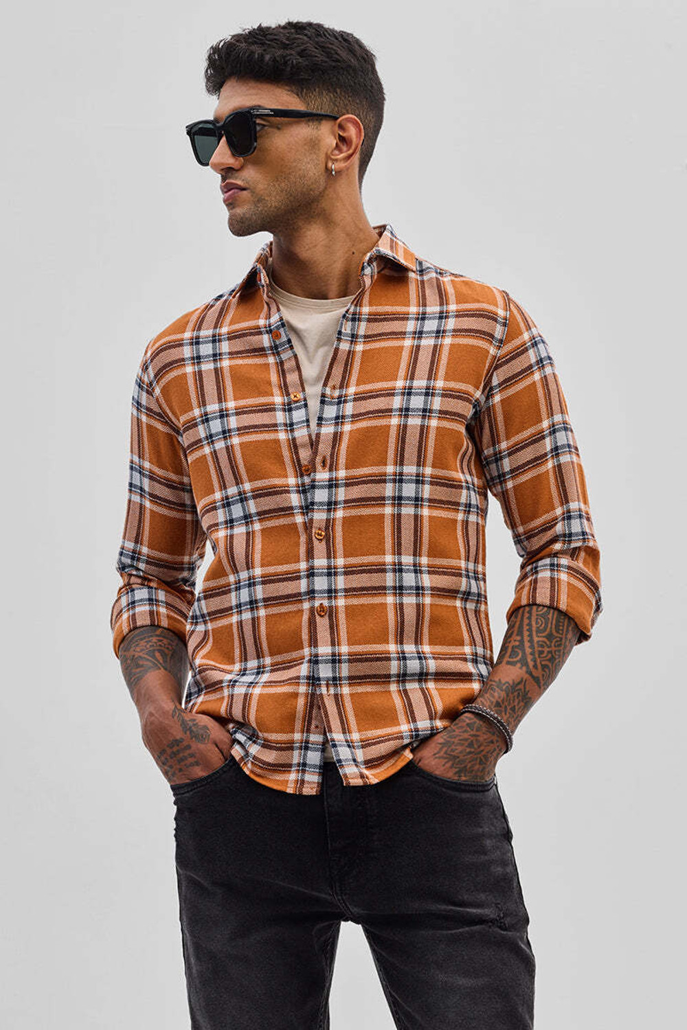 Image of Snitch Men Checkered Casual Orange Shirt