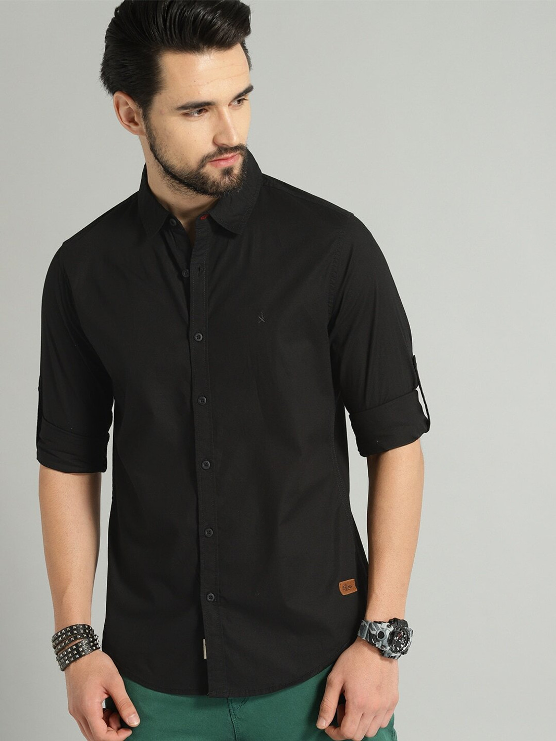Image of Roadster Men Solid Casual Black Shirt