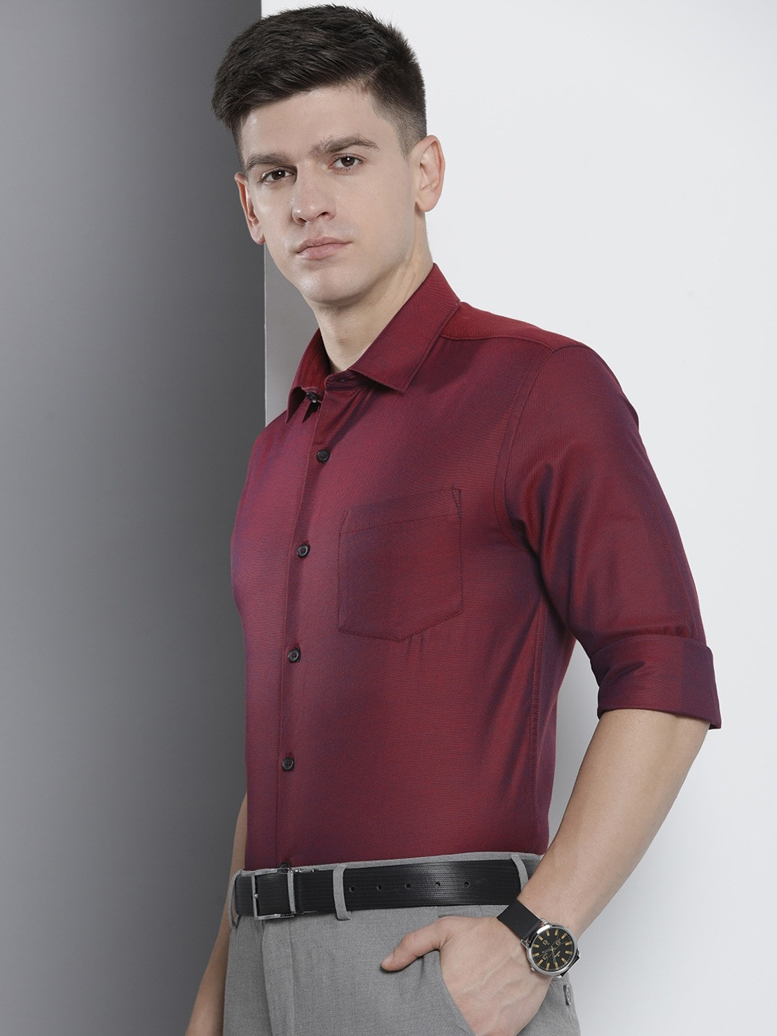 Image of The Indian Garage Co. Men Solid Formal Red Shirt