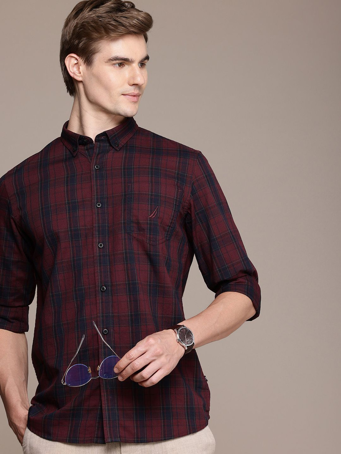 Image of NAUTICA Men Checkered Casual Maroon Shirt