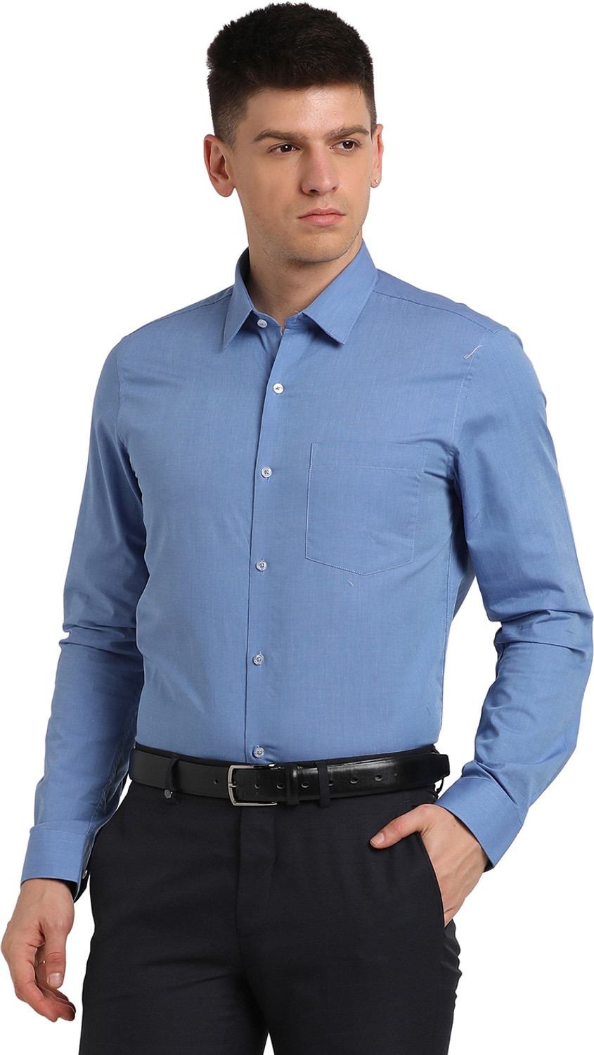 Image of TURTLE Men Solid Formal Blue Shirt
