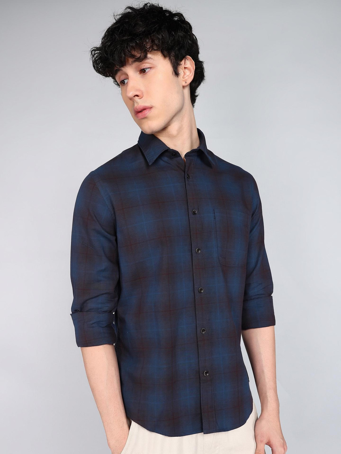 Image of FLYING MACHINE Men Checkered Casual Blue Shirt