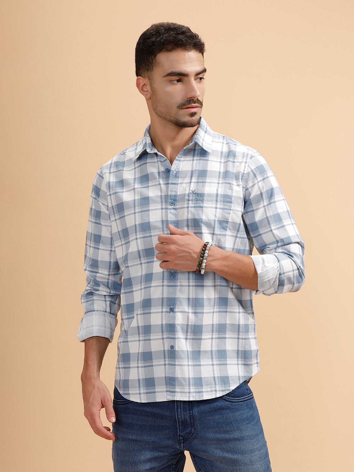 WROGN Men Checkered Casual Blue, White Shirt