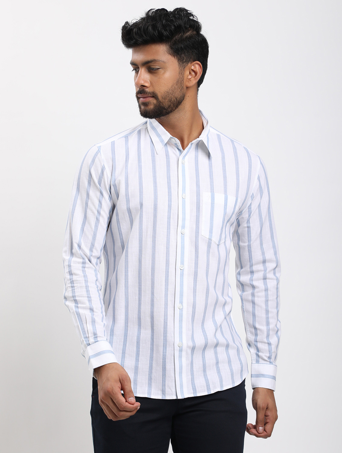 Image of INDIAN TERRAIN Men Striped Casual White Shirt
