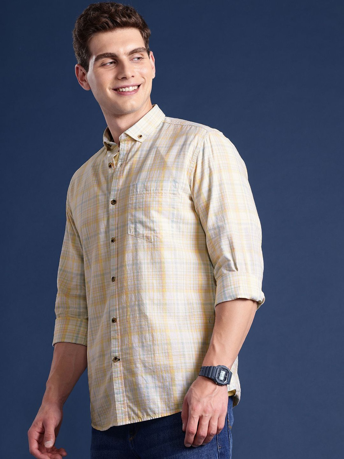 Image of Mast & Harbour Men Checkered Casual Yellow Shirt