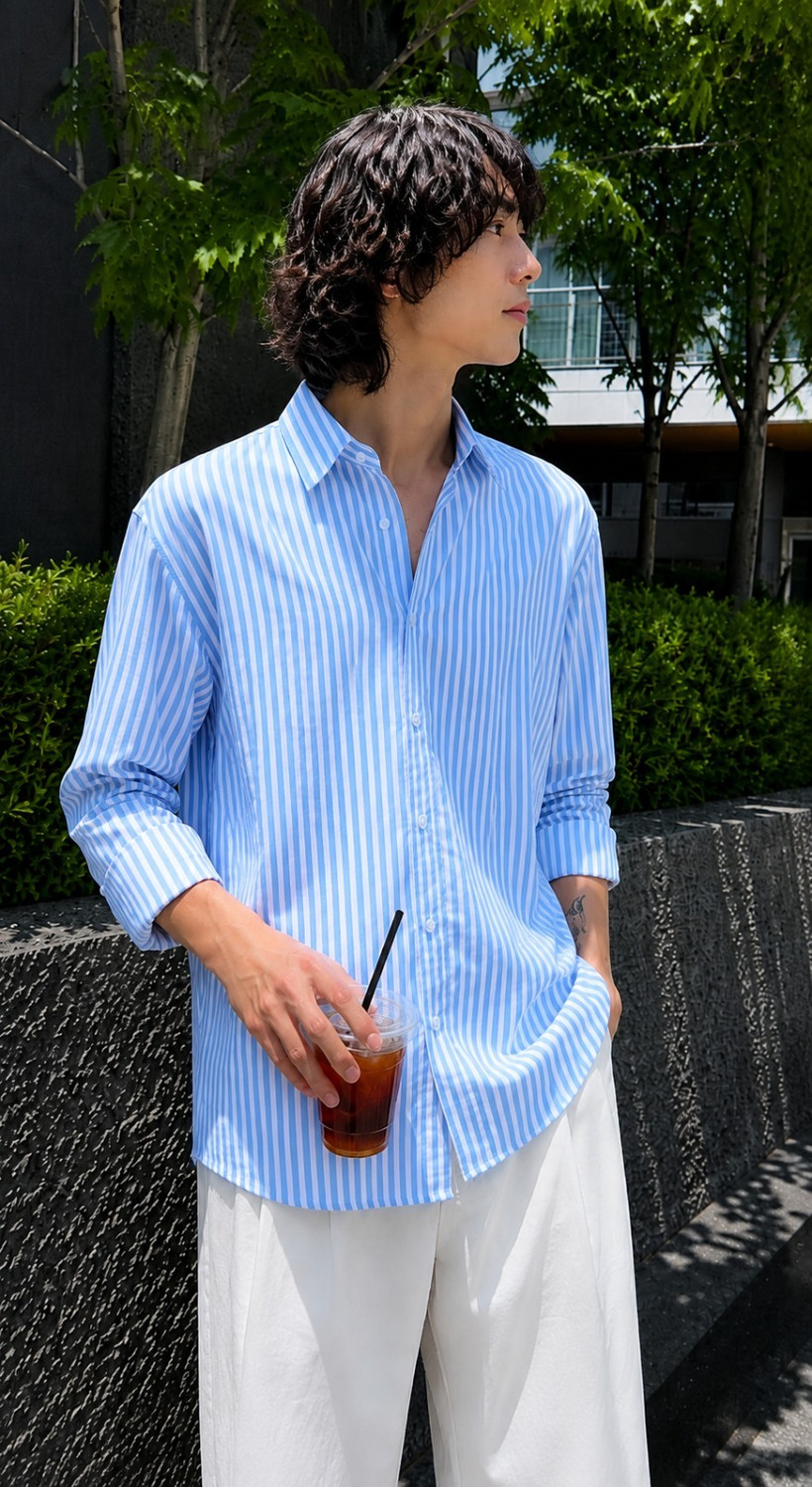 Image of CAMBREEN Men Striped Casual Light Blue Shirt