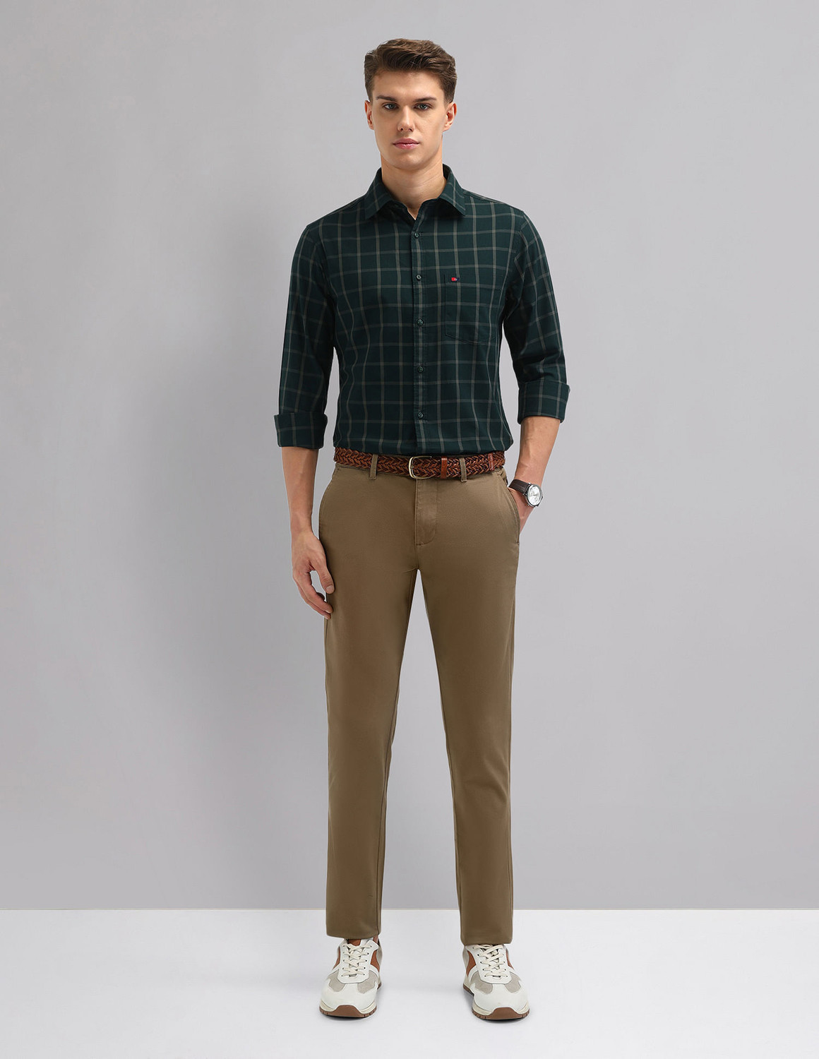 Image of AD by Arvind Men Checkered Casual Green Shirt
