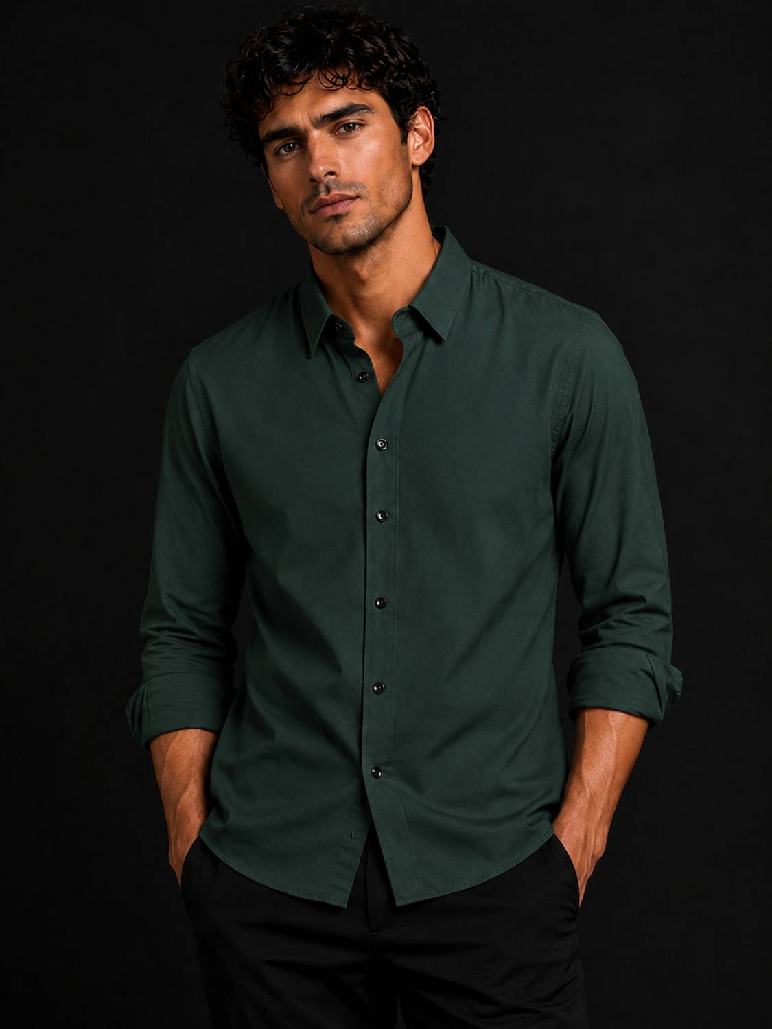 FEBZZKOM Men Dark Green Casual Shirt - Image 1