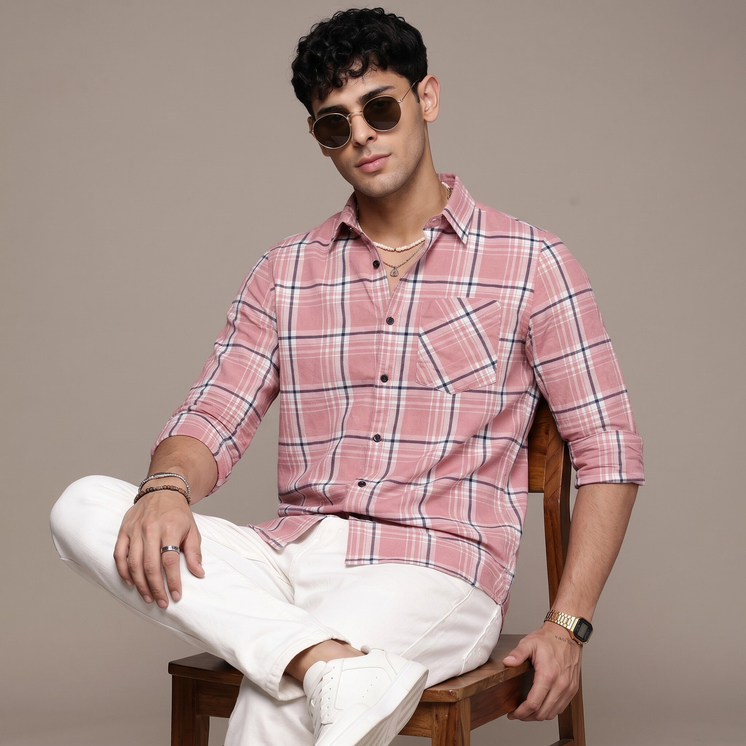 Image of MBF66 Men Checkered Casual Brown, Blue, Pink Shirt
