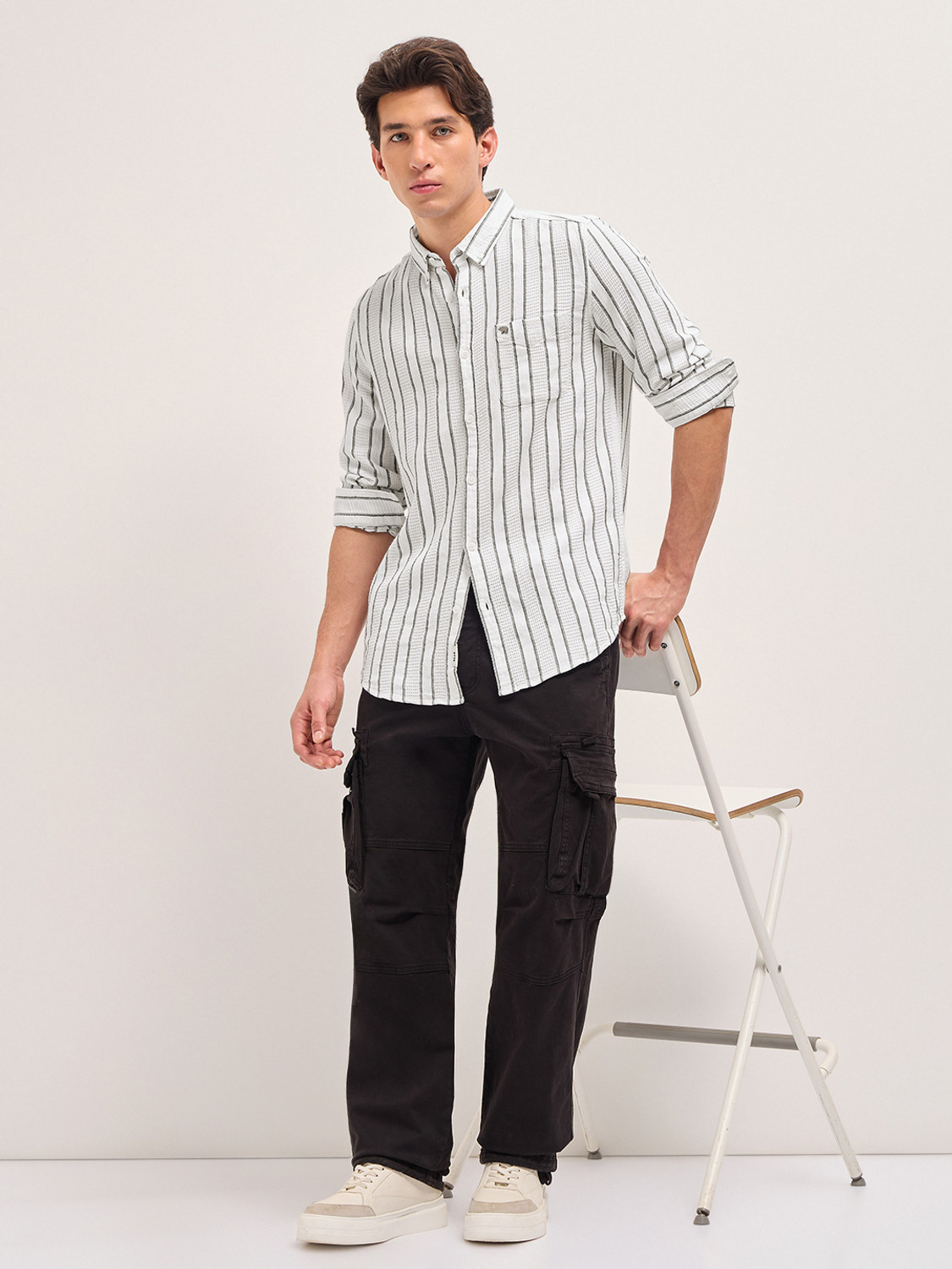 Image of THE BEAR HOUSE Men Striped Casual White Shirt