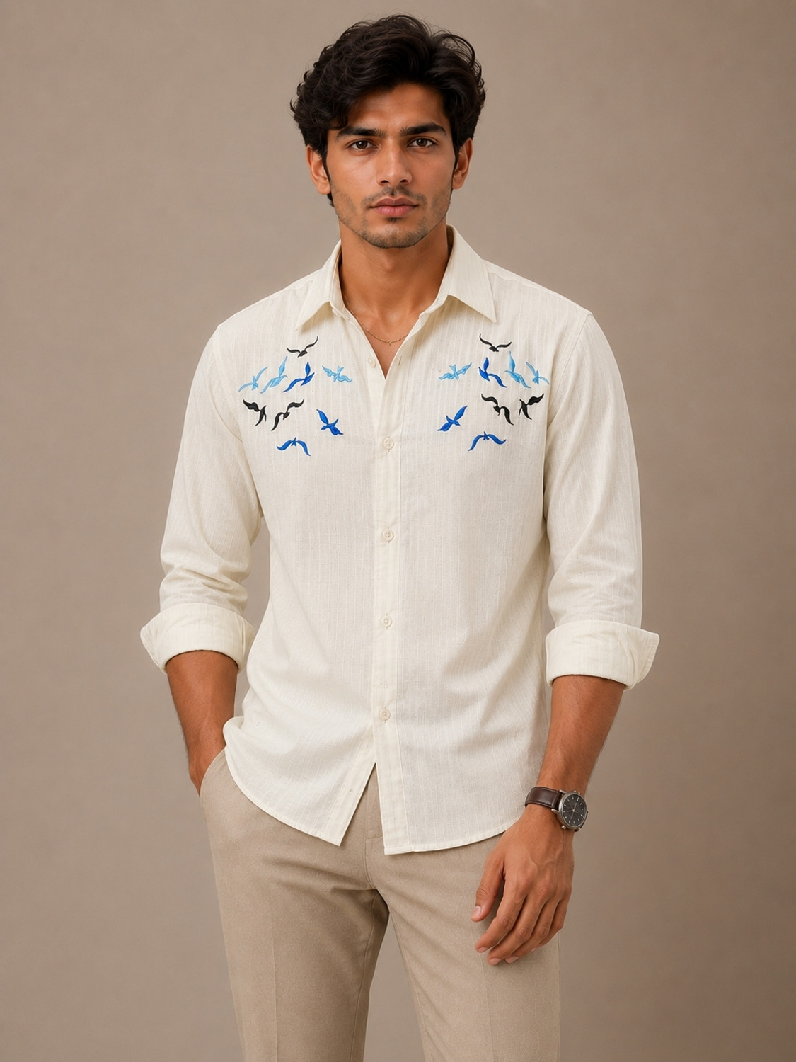Image of JERRY AND HANPHIL Men Embroidered Casual Cream Shirt