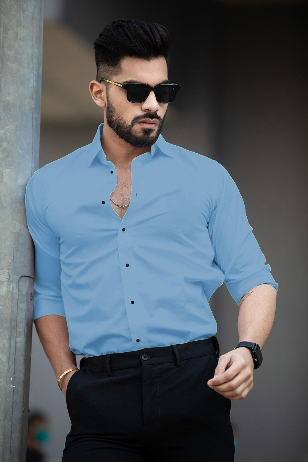 Image of EVIQE Men Solid Casual Light Blue Shirt