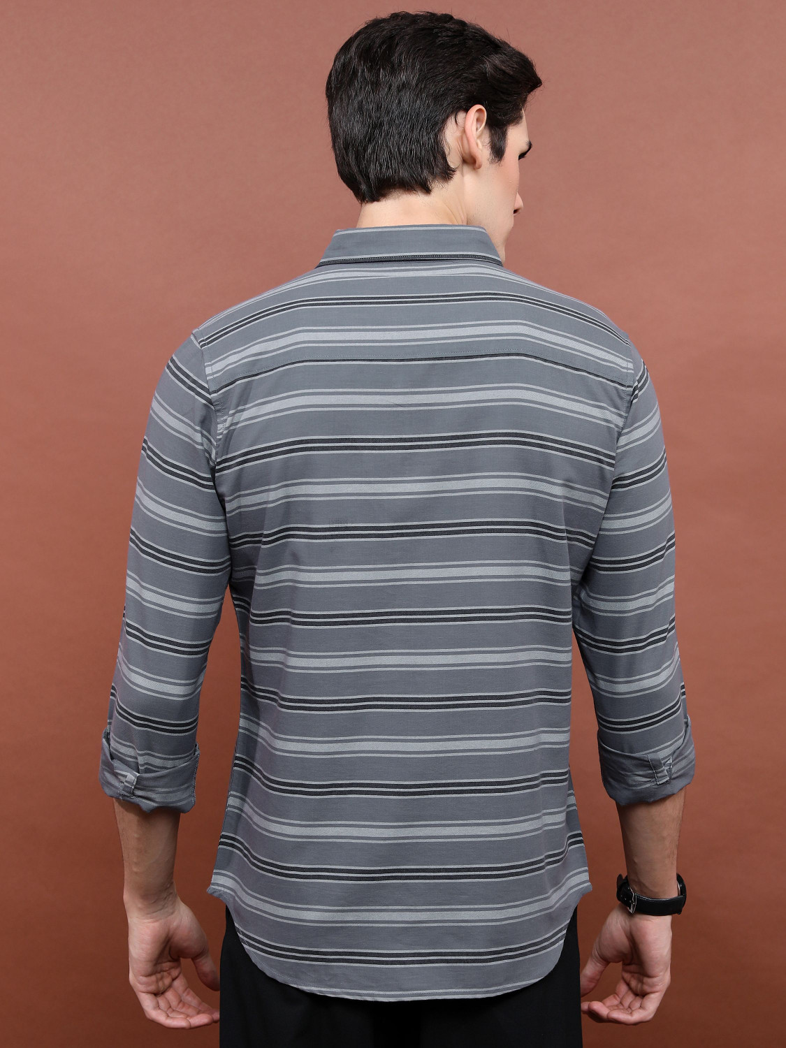 Image of HIGHLANDER Men Striped Casual Grey Shirt