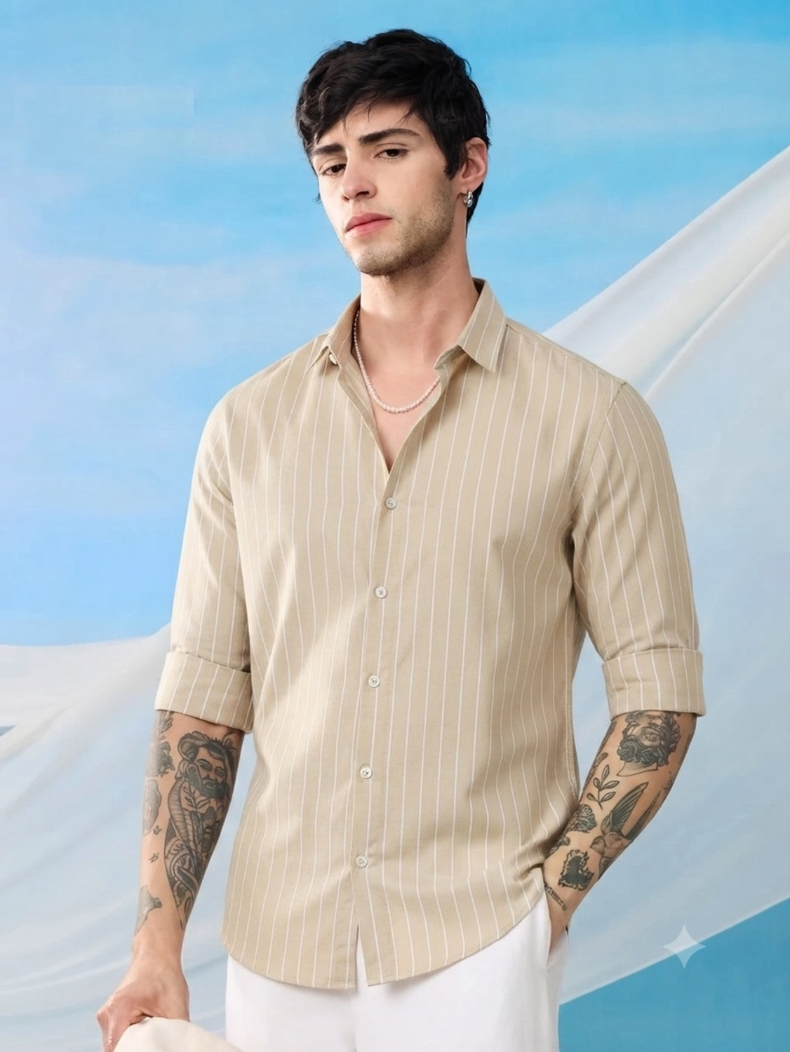 Image of METRONAUT Men Striped Casual Beige Shirt