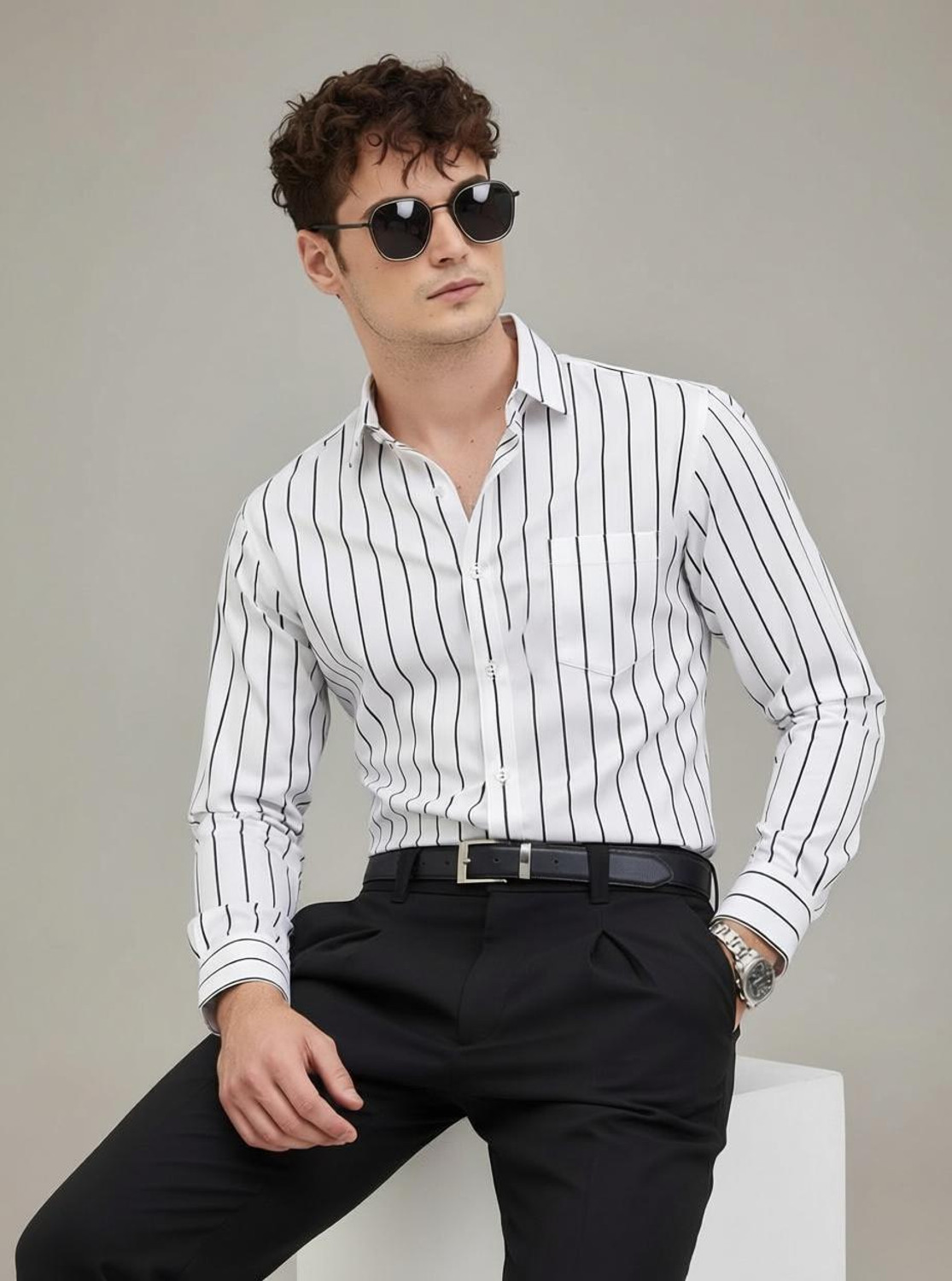RODEIZ Men Striped Casual White, Black Shirt
