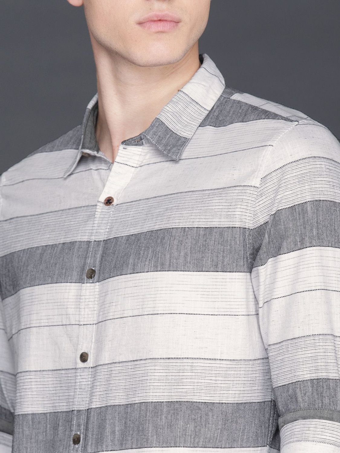 Image of WROGN Men Striped Casual White, Grey Shirt
