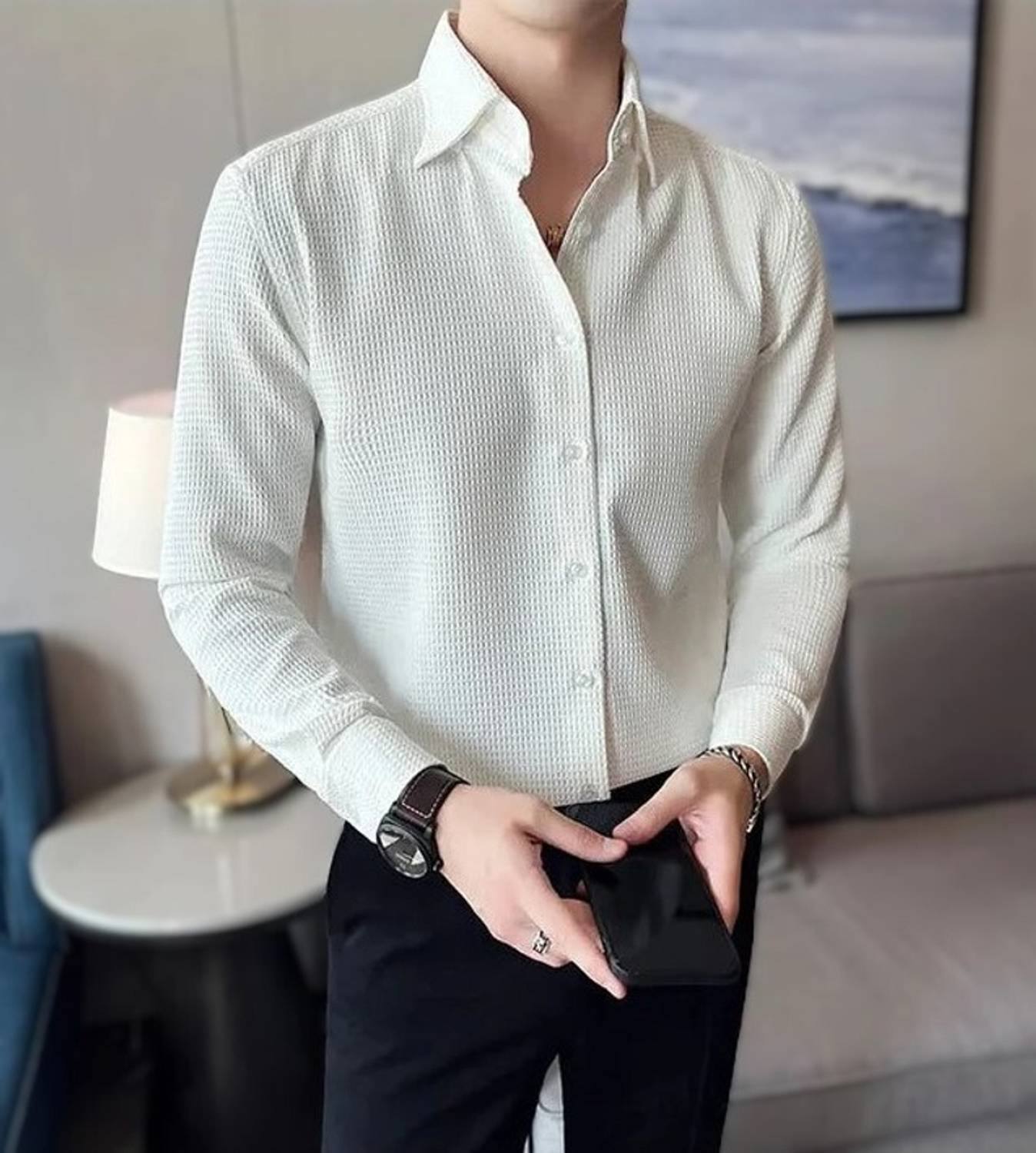 AMORE FASHION Men Self Design, Solid Casual White Shirt
