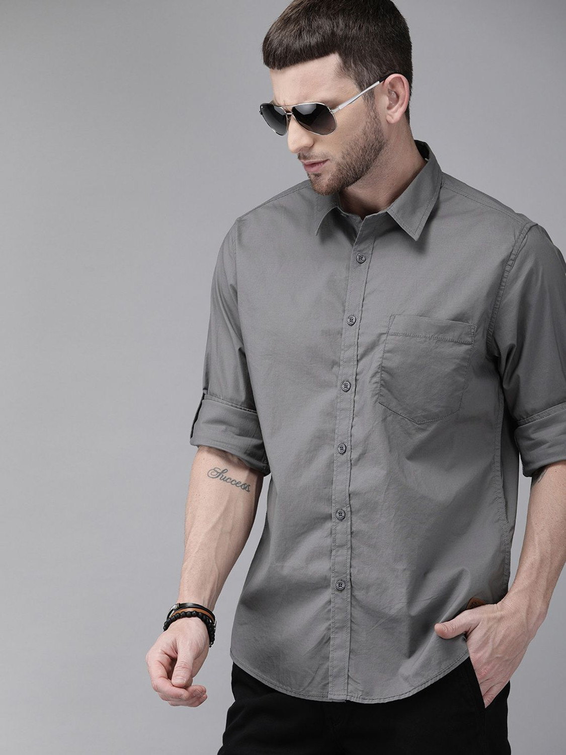 Image of Roadster Men Solid Casual Grey Shirt