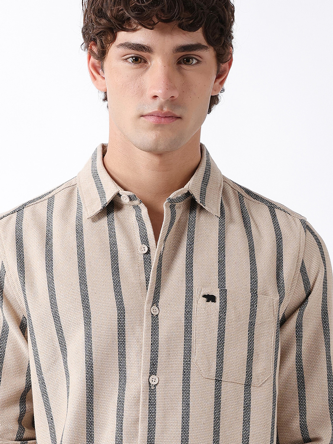Image of THE BEAR HOUSE Men Striped Casual Beige Shirt