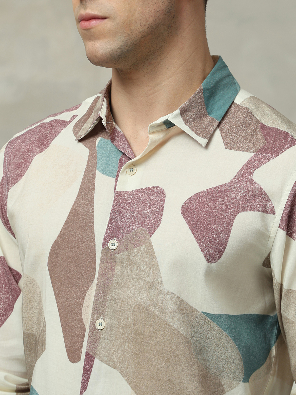 Image of MUFTI Men Printed Casual Cream Shirt