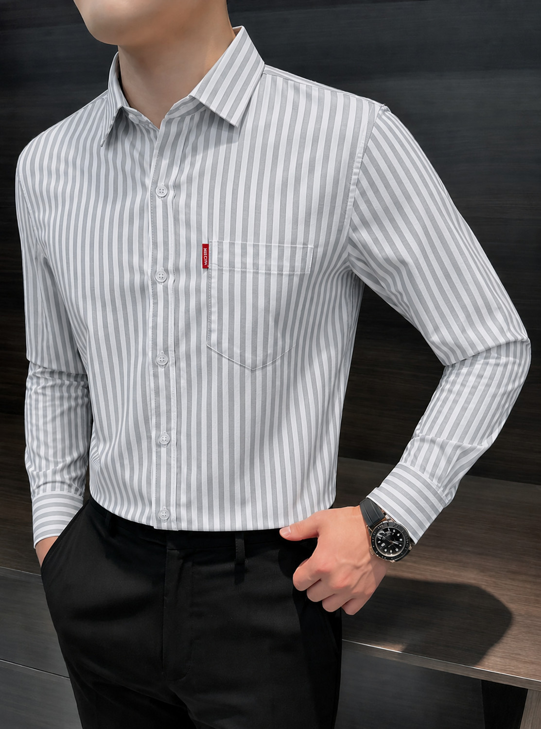 Image of MILDIN Men Striped Formal White, Grey Shirt