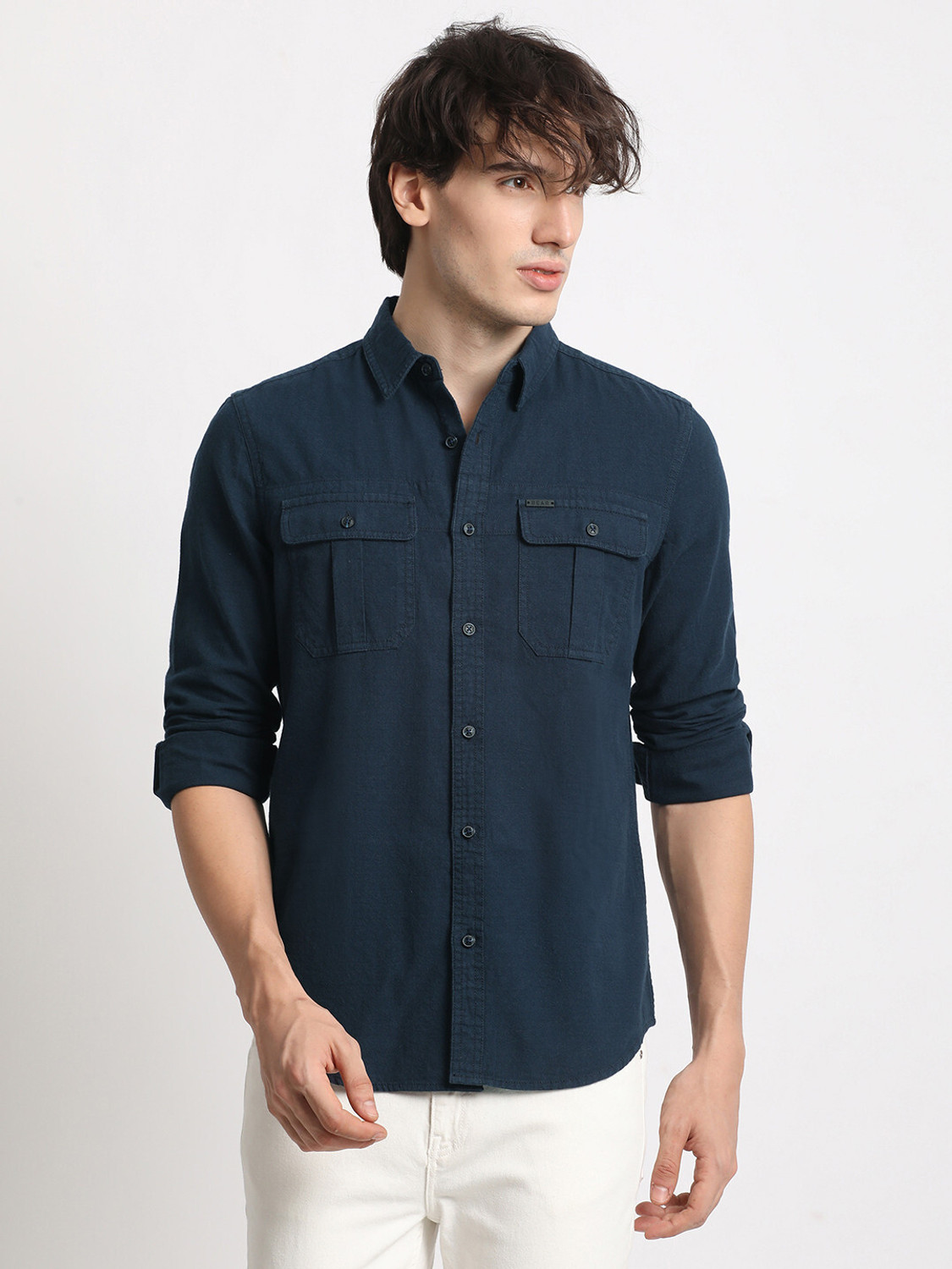 Image of THE BEAR HOUSE Men Solid Casual Blue Shirt