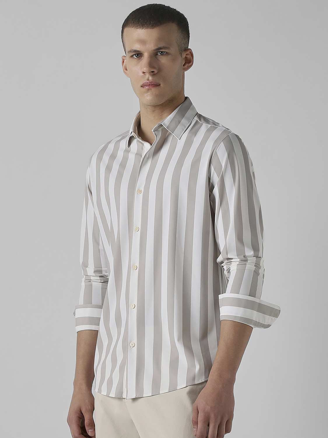 Image of MUFTI Men Striped Casual Grey Shirt