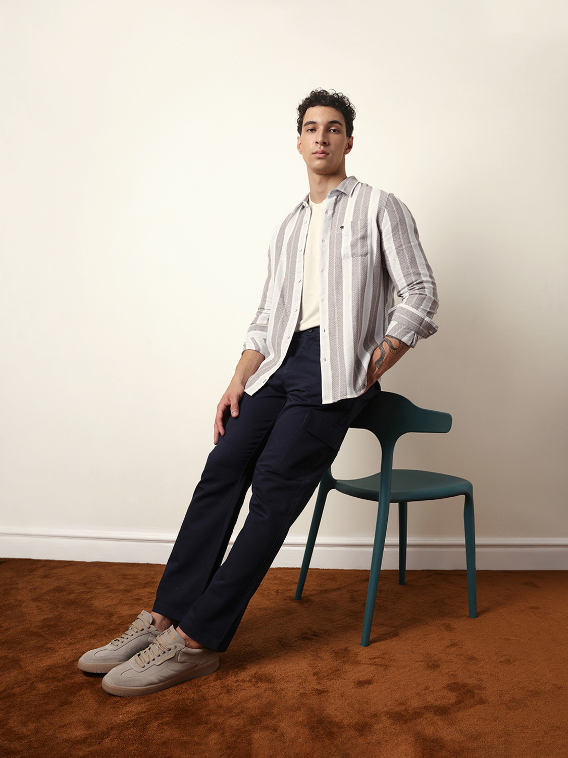 Image of THE BEAR HOUSE Men Striped Casual Grey Shirt