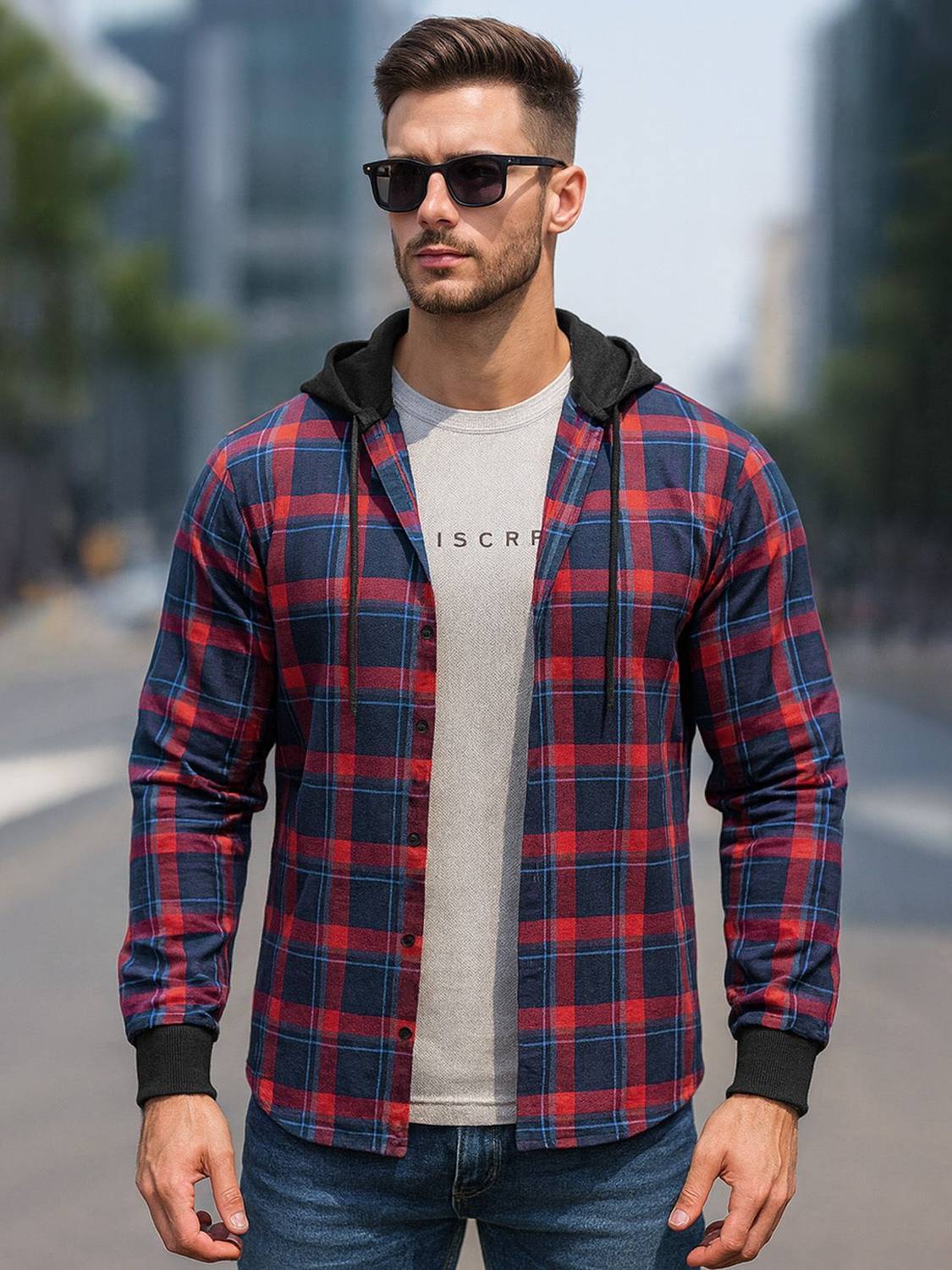 EyeBogler Men Regular Fit Checkered Hood Collar Casual Shirt