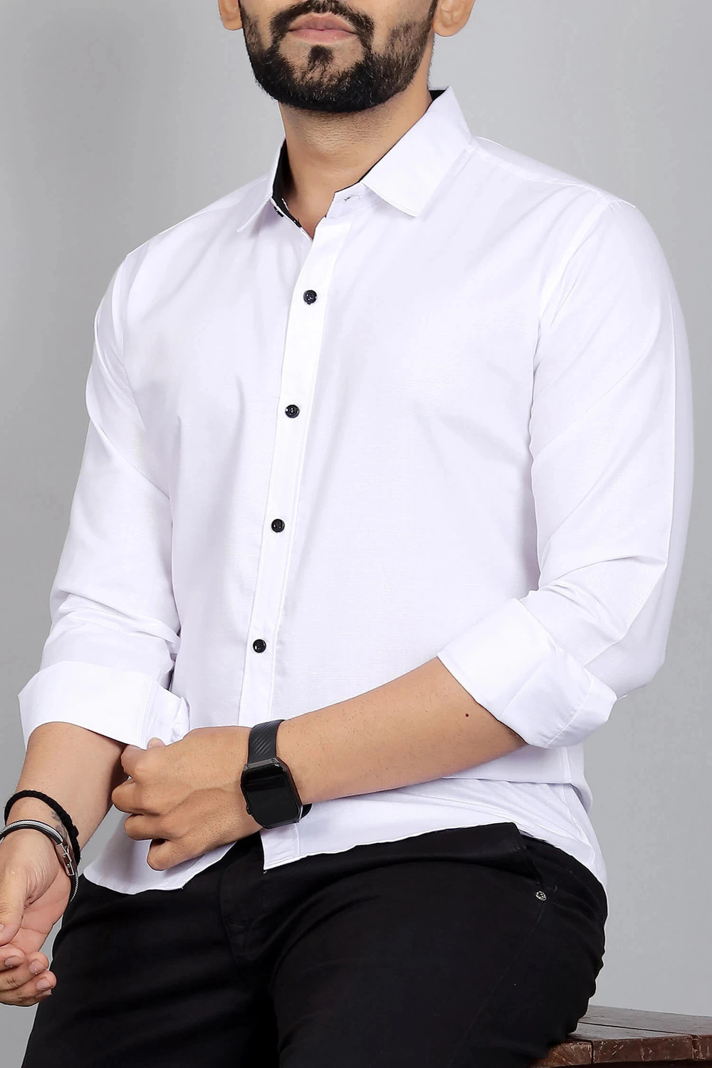 Image of Blue dove Men Solid Casual Dark Blue, White Shirt