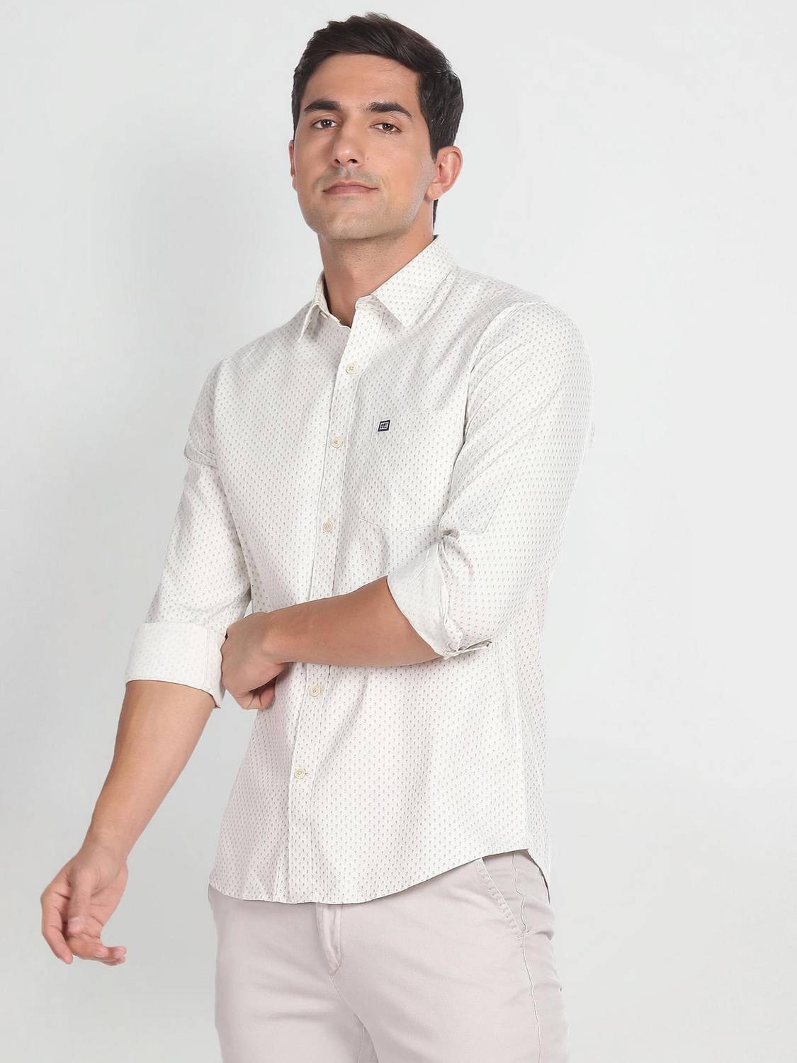 Arrow Sport Men Printed Casual White, Beige Shirt