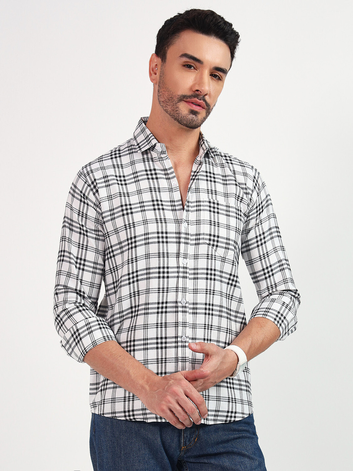 Image of youth first Men Checkered Casual White, Blue Shirt