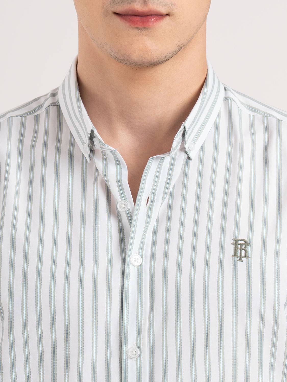 RED TAPE Men Striped Light Green, White Shirt - Image 5