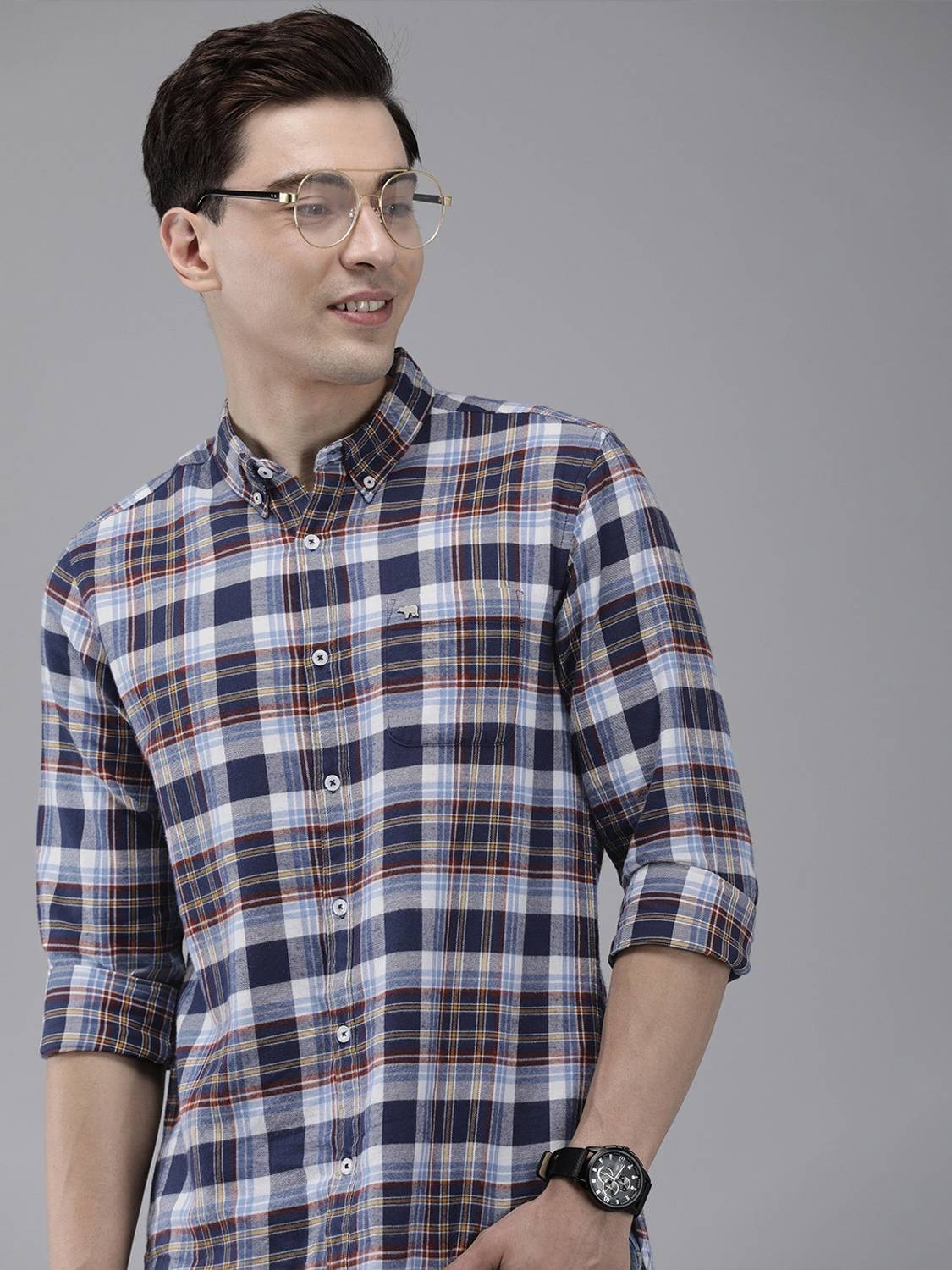 THE BEAR HOUSE Men Slim Fit Checkered Button Down Collar Casual S