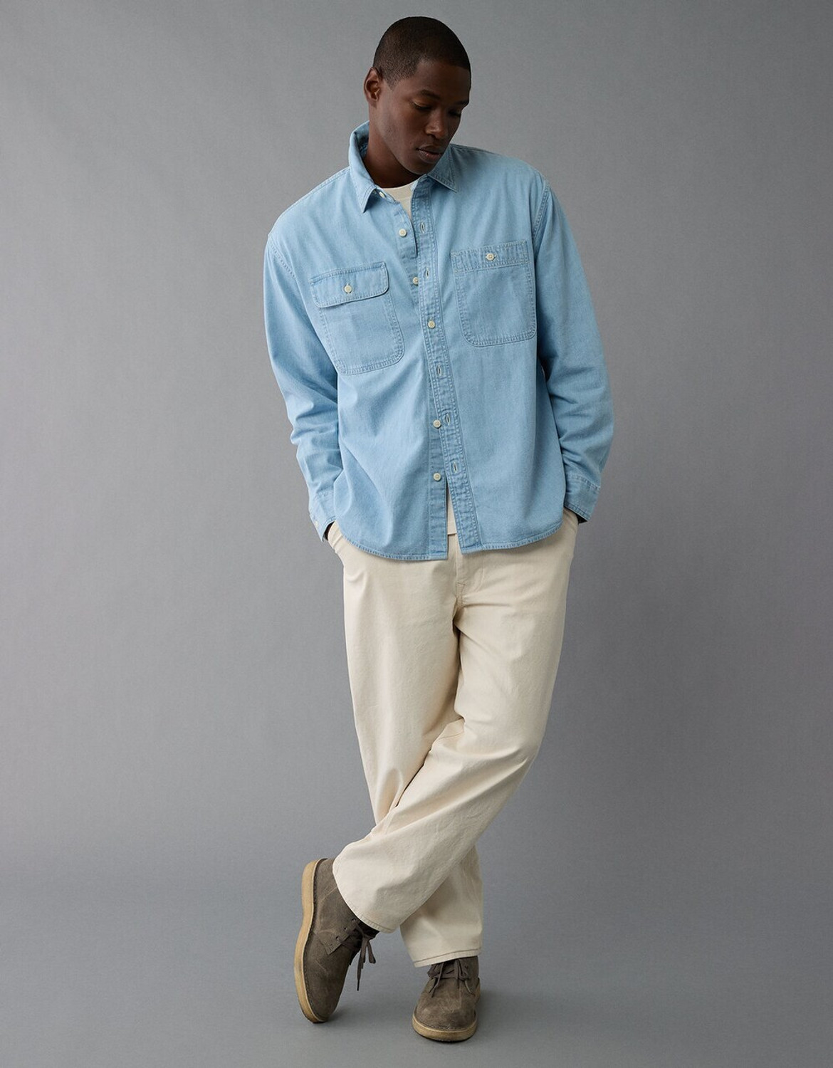 Image of American Eagle Men Solid Casual Blue Shirt